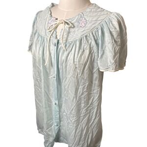 Vintage Blue Nylon Bed‎ Jacket Short Sleeve Button Front Tie Neck Dainty Retro M